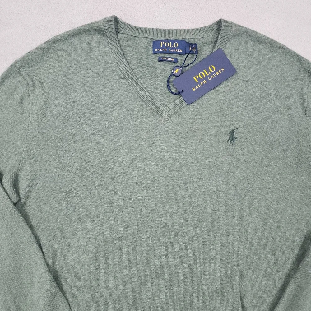 Polo Ralph Lauren Sweater Mens S Green Pima Cotton V Neck Pullover Pony NWT Knit